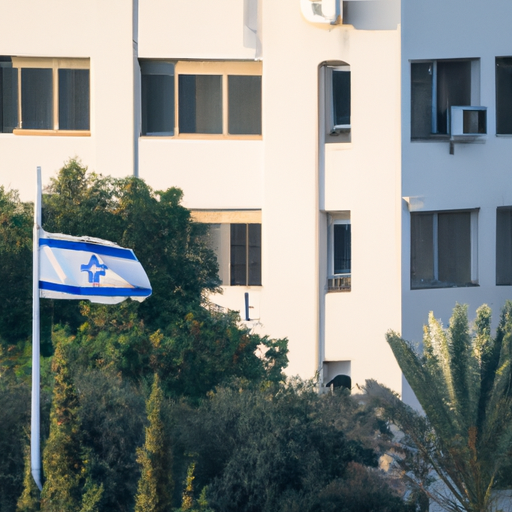 מבט פנורמי על משרד המועצה האזורית שומרון, עם דגל ישראל מתנוסס גבוה.