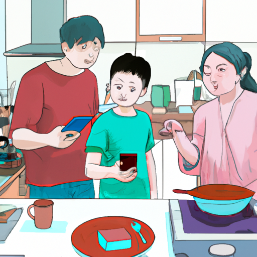 משפחה עסוקה המשתמשת בפקודות קוליות כדי לשלוט במכשירי המטבח שלה בזמן בישול ארוחת ערב יחד.