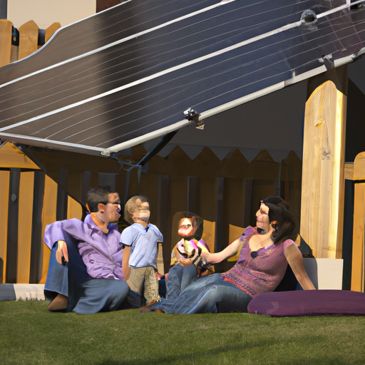 משפחה נהנית מיום שמשי בחצר האחורית של ביתה המופעל באמצעות אנרגיה סולארית.