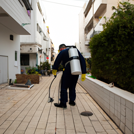 מדביר מקצועי בחיפה לבוש בציוד מגן בעת ביצוע טיפול באזור מגורים.