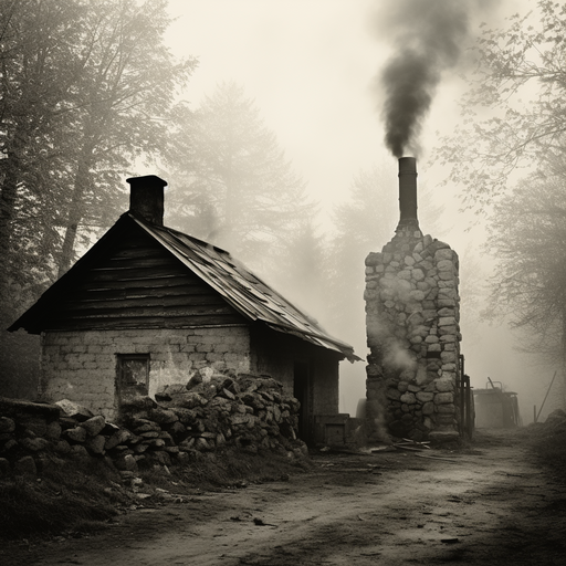 1. תמונה נוסטלגית בשחור-לבן של מעשנה מיושנת, עם עשן מיתמר מתוך הארובה.