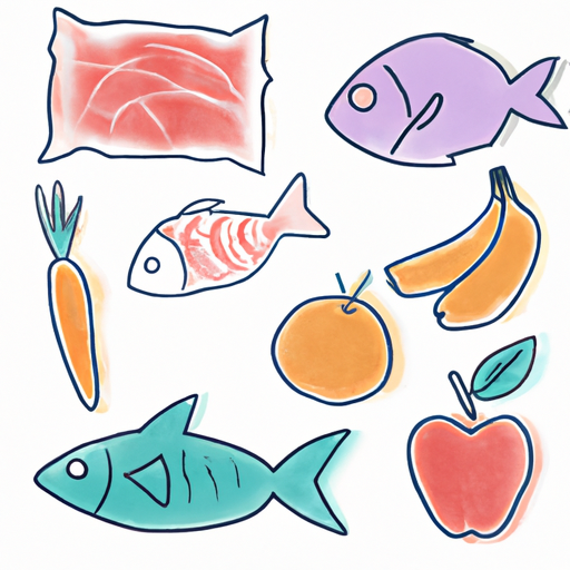 המחשה של מזונות ידידותיים לעור שונים כמו פירות, ירקות ודגים.
