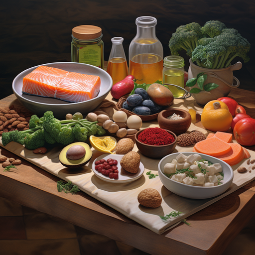 1. מגוון מזונות בריאים ועשירים בחומרים מזינים על שולחן, כולל פירות, ירקות ומקורות חלבון רזים, המקדמים בחירות דיאטה ידידותיות לבלוטת התריס.