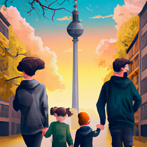 תמונה של משפחה צועדת במרכז העיר ההיסטורי, כשברקע מגדל הטלוויזיה האייקוני של ברלין.