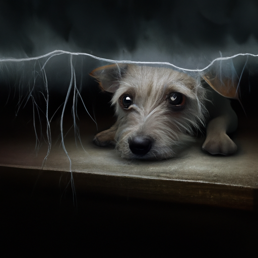 תמונה של כלב מפוחד מתחבא מתחת לשולחן בזמן סופת רעמים