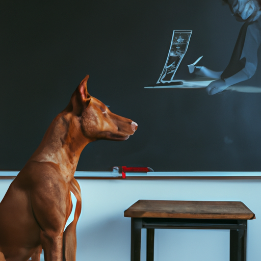 תמונה של כלב יושב מול לוח גיר, כשברקע מאלף כותב הוראות.