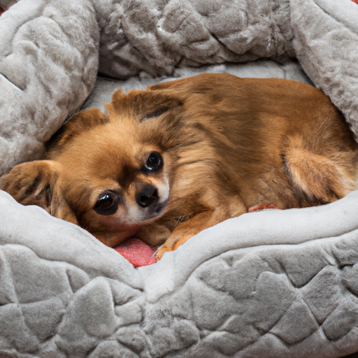 כלב קטן מכורבל בנוחות במיטת כלב קטיפה