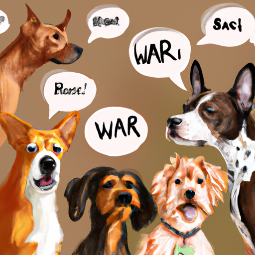 איור של גזעי כלבים שונים עם בועות דיבור 'נביחה' שונות