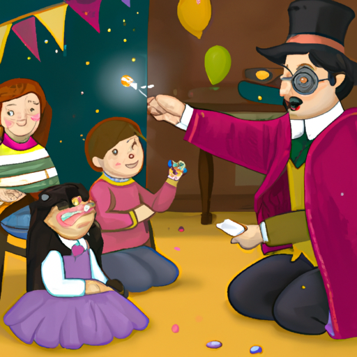 אשף מסיבת יום הולדת מעורב עם ילדים, מראה להם טריק קסם מקרוב.