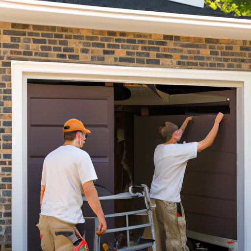 Technicians installing a new garage door at a residential property