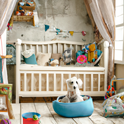תמונה של כלב במיטה נעימה מוקפת צעצועים בחדר מואר ונקי.