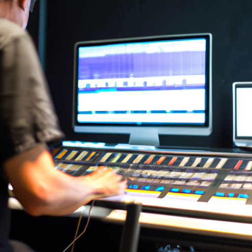 מפיק המשתמש בתחנת עבודה אודיו דיגיטלית (DAW) ליצירת מוזיקה באולפן הקלטות מודרני