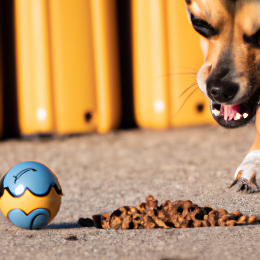 צילום של ארוחת כלבים מזינה מאוזנת לצד כלב שמשחק להביא