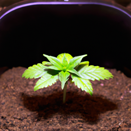 A photo of a young cannabis seedling under optimum lighting conditions