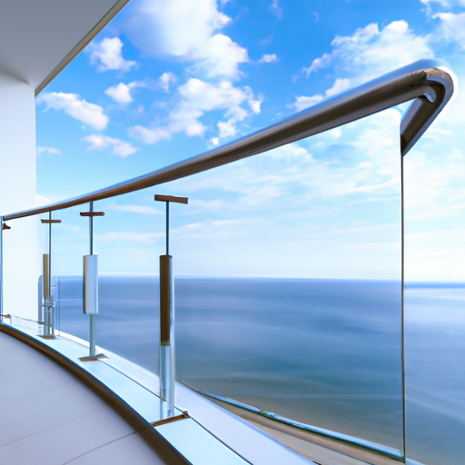 מעקה נירוסטה עם לוח זכוכית, מותקן במרפסת מודרנית עם נוף לאוקיינוס.