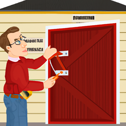 A homeowner attempting a DIY repair on their garage door, showing the potential dangers.