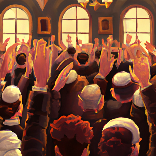תמונה של המון אנשים שנאספו בבית כנסת עם ידיים מורמות בתפילה.