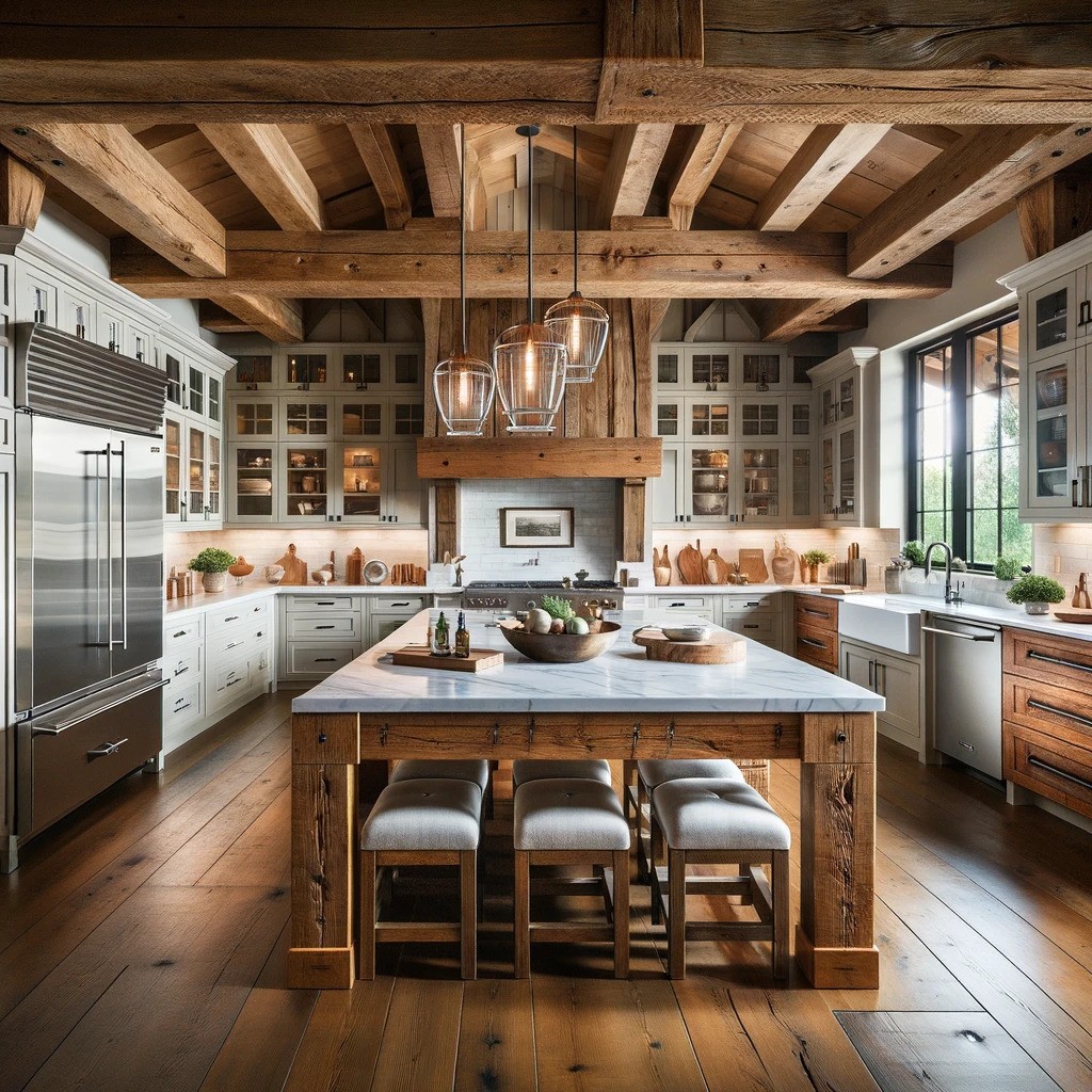 An image of a country-style kitchen with wooden furniture and exposed beams, emphasizing the use of natural elements.