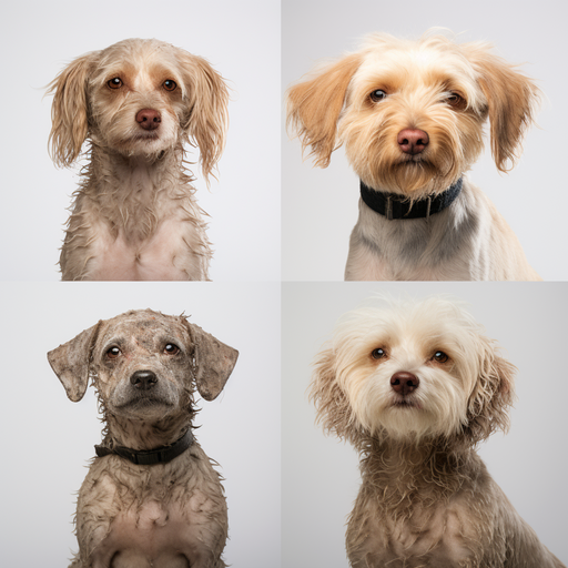 סדרת תמונות המציגה כלבים עם תגובות שליליות לקולר נגד פרעושים, כגון גירוי בעור ואי שקט