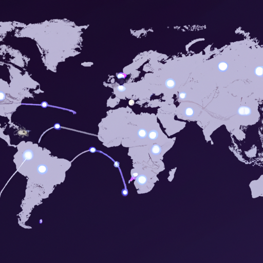 איור של מפת עולם עם קווים מנוקדים המחברים בין ערים שונות, המייצגים את התפשטות פרוטוקול IPv6 על פני הגלובוס.