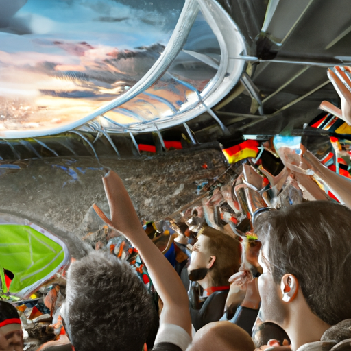 תמונה של אצטדיון כדורגל בגרמניה, מלא באוהדים מריעים.