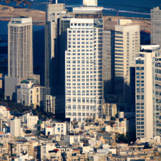 תמונה של קו הרקיע של תל אביב הנשקף ממסוק שכור, המציגה את הארכיטקטורה והחוף המדהימים של העיר.