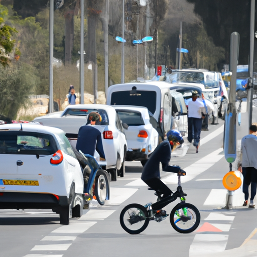 רחוב סואן בנתניה עם רוכבי אופניים רוכבים על אופניים חשמליים לצד מכוניות, המציג את שילוב האופניים החשמליים במערך התחבורה בעיר.