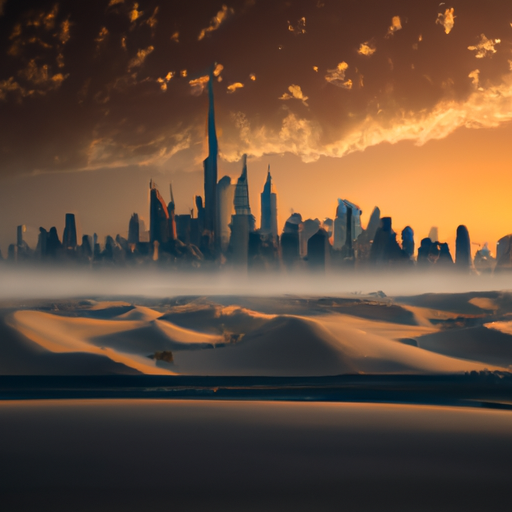 תמונה של קו הרקיע של דובאי, עם גורדי השחקים האייקוניים שלו ניצבים על רקע המדבר הערבי