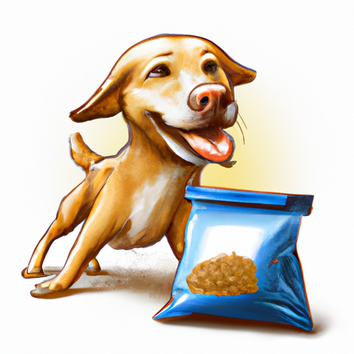 תמונה של כלב שמח עם שקית מזון לכלבים