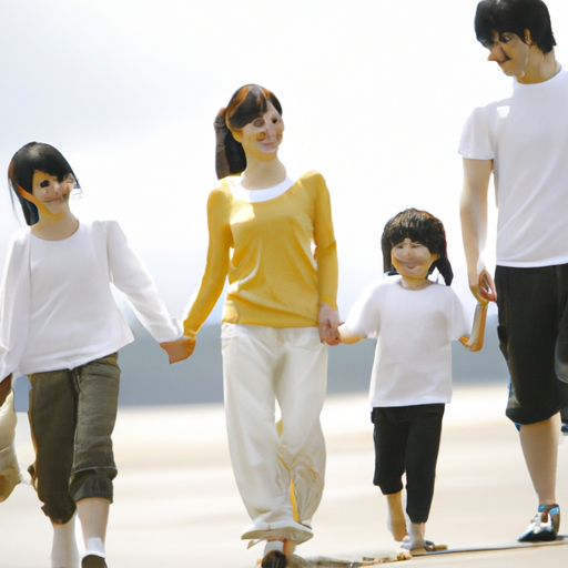 משפחה בת ארבע נפשות, עם הורים חייכנים וילדים נרגשים, צועדת יד ביד על חוף חולי