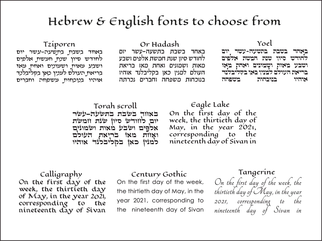 A display of various text options available for a custom Ketubah.