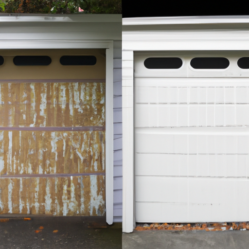 A before and after comparison of a garage door in need of repair and a repaired one
