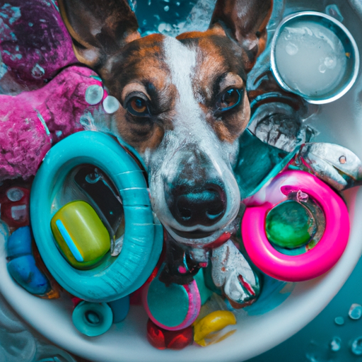 תמונה של כלב נהנה מזמן רחצה עם צעצועים ופינוקים שונים מסביב, המתאר כיצד להפוך את שעת הרחצה לחוויה חיובית.