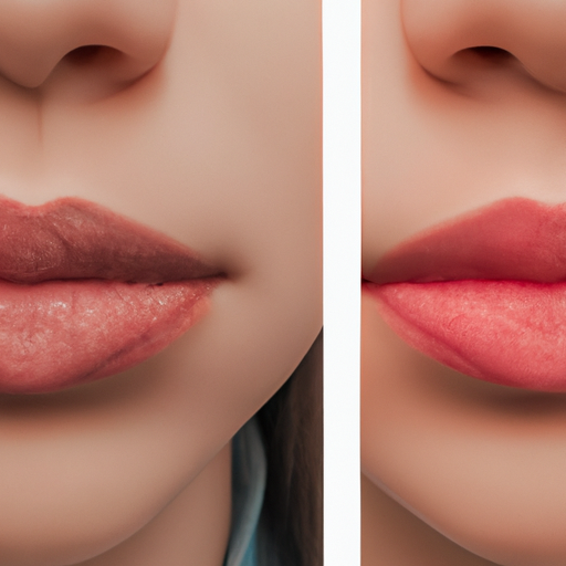 תמונה המציגה אישה לפני ואחרי שעוברת הליך של פיגמנט שפתיים מתנפחות