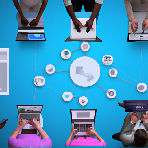 קבוצה של אנשים שעובדים יחד על מחשבים ניידים, המייצגים את שיתוף הפעולה בין פלטפורמות שיווק דיגיטליות
