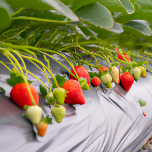 תצלום של שדה תותים בעונת השיא, מראה תותים בשלים ואדומים.