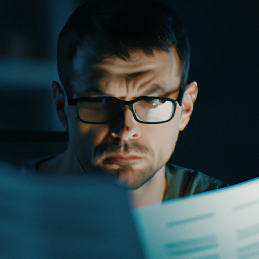 גבר במשקפיים חוקר במסמכים פיננסיים, פניו מוארים בזוהר של מסך מחשב.