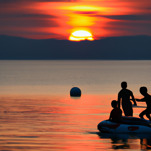 משפחה שנהנית מספורט מים בחוף תוסס, עם רקע שקיעה מהמם.