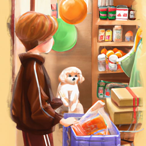 תמונה של אדם שמתכונן לכלב קטן חדש על ידי קניית מזון, צעצועים ומצרכים אחרים.