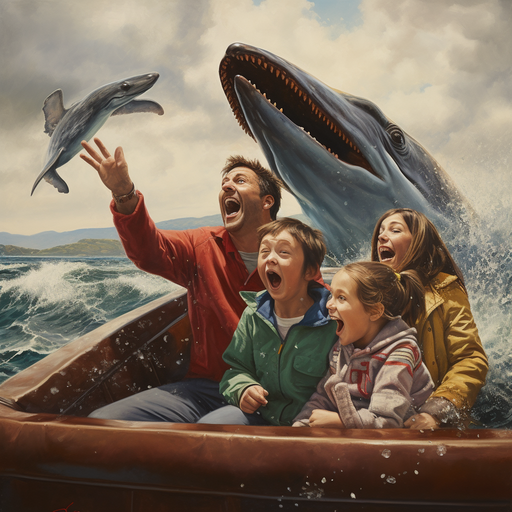 משפחה על סירה, מצביעה בהתרגשות על לוויתן המגיח מהמים