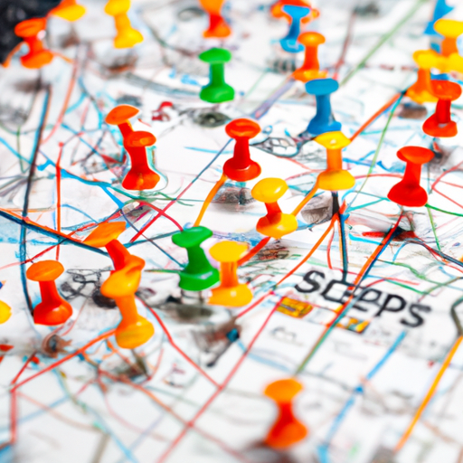 מפה עם סיכות של עסקים מקומיים, המייצגת את ההשפעה על קידום אתרים מקומי