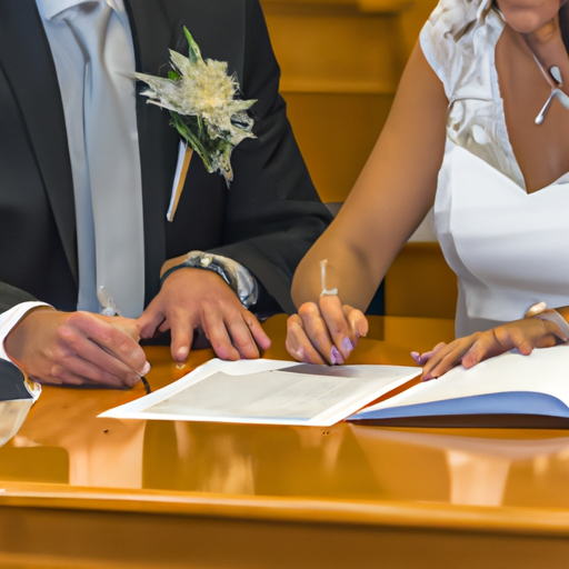 תמונה של זוג חותם על מסמכי נישואיהם במשרד עירוני קפריסאי.
