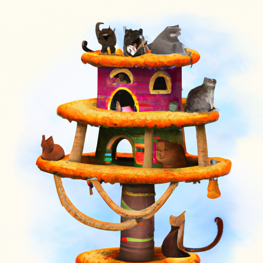 איור של עמוד גירוד עם בית, במגוון צבעים ועיצובים כשעליו ומסביבו חתולים משתרבבים.