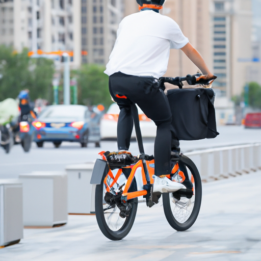 תמונה של רוכב אופניים רוכב על אופניים חשמליים ברחוב בעיר.