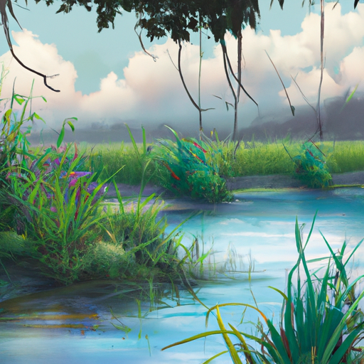 איור של אגם שליו מוקף בצמחייה עבותה, המסמל שלווה.