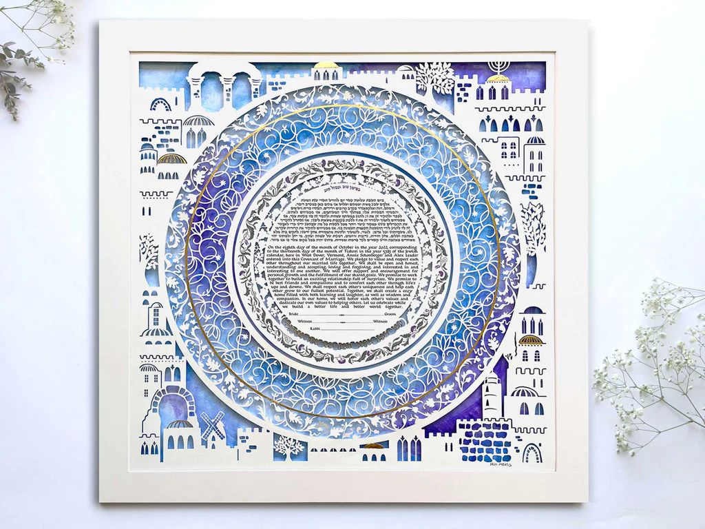 A beautifully illuminated Ketubah, with intricate design work symbolizing love and commitment.
