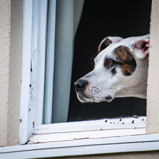 כלב במצוקה מביט מבעד לחלון כשבעליו עוזב