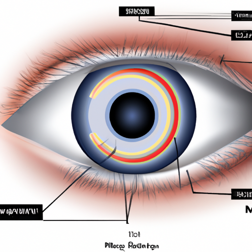 תמונת תקריב של עין אנושית עם אזורי קשתית שונים מסומנים ומתויגים.
