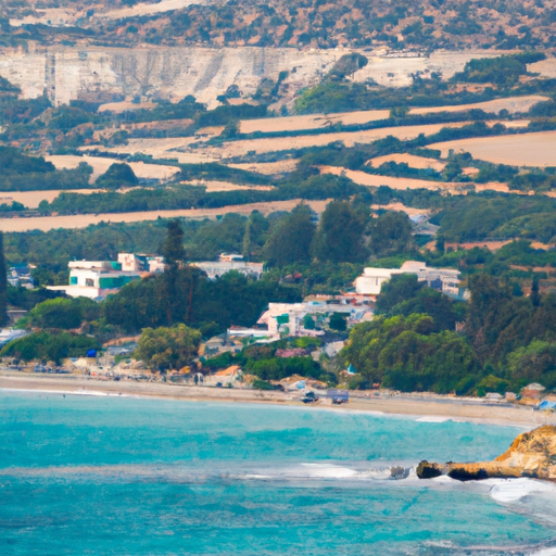 A picturesque view of a beautiful beach in Cyprus, with crystal-clear waters and golden sands.