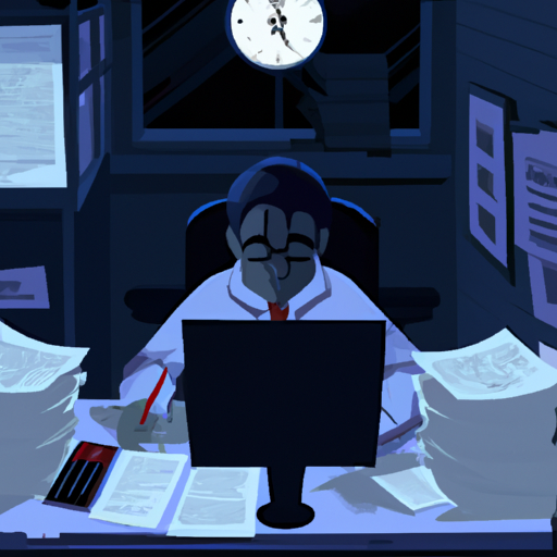 רו"ח שעובד עד מאוחר בלילה בעונת המס, מוקף במסמכים.